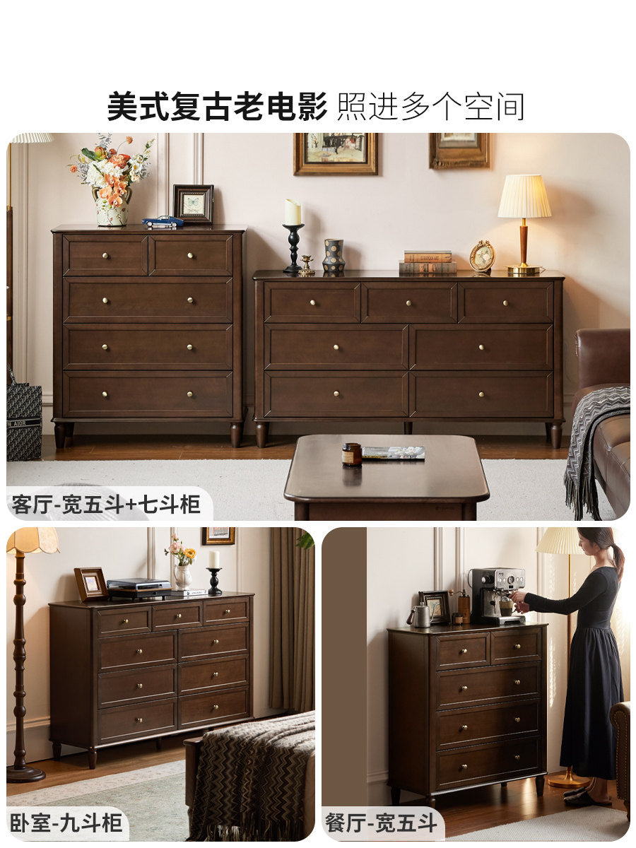 Solid wood chest of drawers, American vintage storage cabinet, bedroom mid-century modern side cabinet, bedside drawer unit